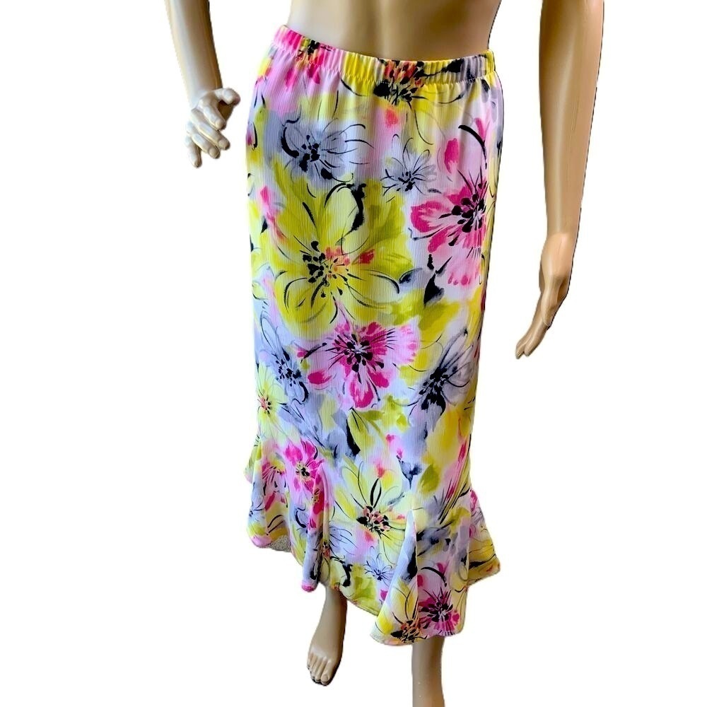Tanjay Yellow Floral Print Ruffled Hem Elastic Waistband Peasant‎ Skirt Size 16